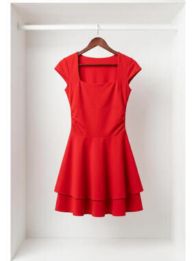 Charming Red Cap Sleeve Dress with Layered Skirt - Size: Meduim